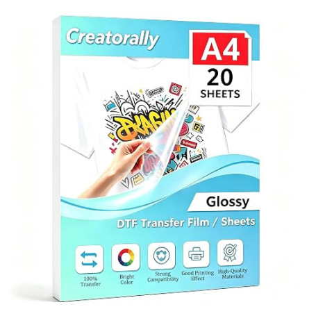 Creatorally Lot de 20 feuilles de transfert DTF brillant A4 (210 × 297 mm) – Film PET DTF brillant des deux côtés pour imprimant