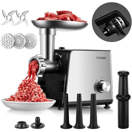 FOHERE Hachoir à Viande Électrique 3200W Max avec 3 Grilles | Hachoir professionnel en acier inox avec 2 lames, 3 tubes à saucis