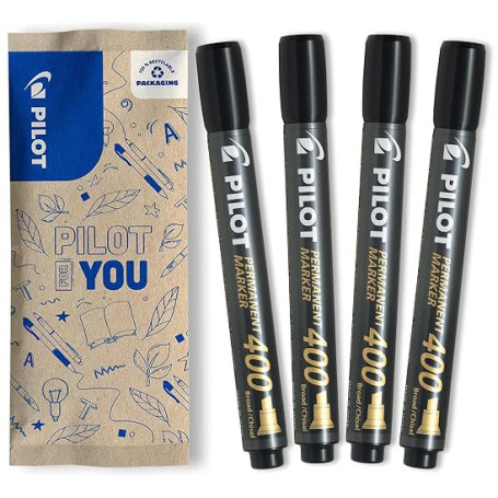 PILOT - 4 Marqueurs SCA 400 - Encre Permanente - Noir - Pointe Biseautée | Indélébile sur Tous Supports - Encre Couvrante et Rés