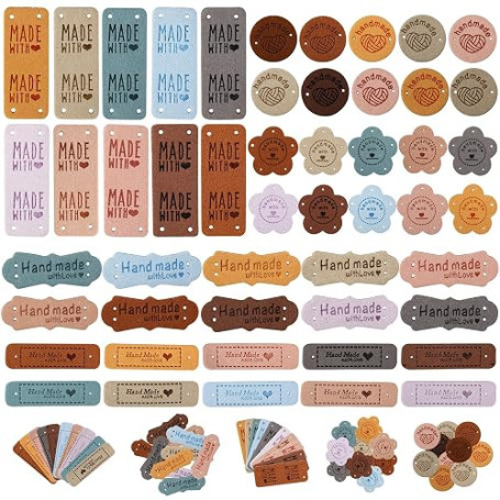 Lot de 50 Étiquettes Fait Main à Coudre – 5 Designs en Cuir PU, Étiquettes Personnalisées à Coudre pour DIY, Accessoire Couture,