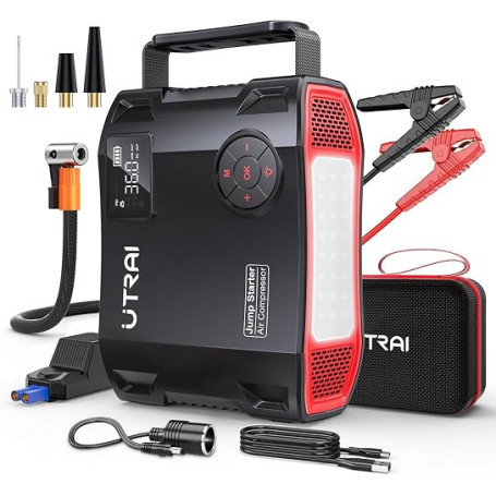 UTRAI 27000mAh Booster Batterie Voiture Puissant 9000A, Demarreur Portatif avec Gonfleur Pneus, 1600 Lumens LED, Sortie CC 160W,
