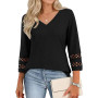 Cuptacc Tee Shirt Femme Manches 3/4 Col V Chemisier Décontracté Haut | Automne,Été,Printemps,Élégante,Manches 3/4,Basic,Casual,M