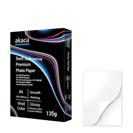 akaca Papier Autocollant Brillant A4, Papier Photo Adhésif, 60 Feuilles, 135 g/m², Papier Collant Imprimable pour Toutes Les Imp