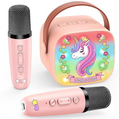 Micro Karaoke Enfant avec 2 Micros sans Fil, Cadeau Jouet Fille 3-12 Ans | Kit Karaoké Microphone Bluetooth avec DSP et Lumières