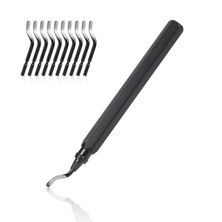 Flintronic® Outil D'ébavurage Manuel, 1 Manche en Métal + 11 Lames BS1010 HSS Lames D'ébavurage Rotatives en Métal à 360° pour T