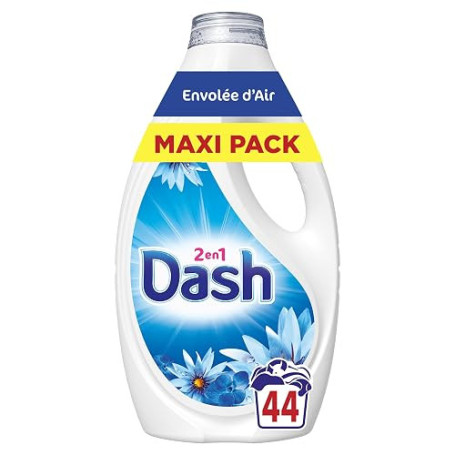 Dash 2en1 Lessive Liquide, 44 Lavages, Parfum Envolée d'Air, Jusqu'à 3 Semaines de Fraîcheur, Fabriqué en France