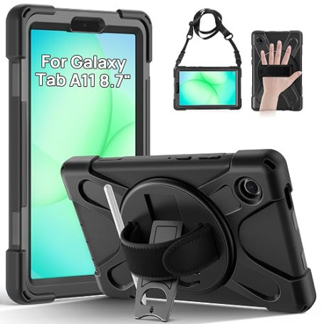 Gerutek Coque Antichoc pour Samsung Galaxy Tab A11 8.7 Pouces 2025, Noir | SM-X130/X133/X135, Étui Robuste avec Support Rotatif,
