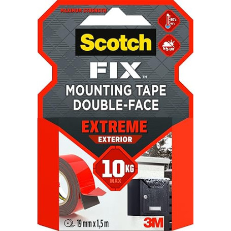 Scotch-Fix Ruban Adhésif Double Face de fixation Extrême pour Extérieur, 19 mm x 1,5 m - Pour un Usage Extérieur extrême, avec l