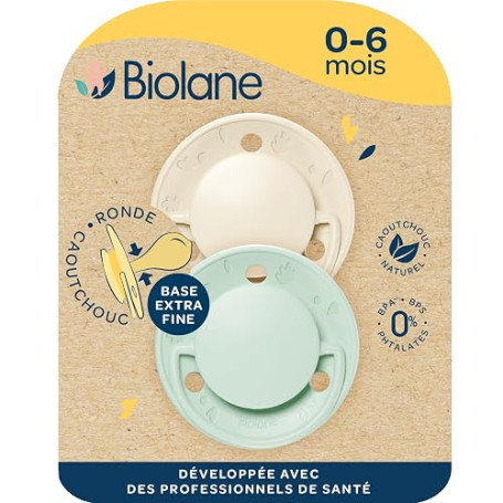 BIOLANE - Tétines rondes - Sucettes extra-fines - 0 à 6 mois - Vert et Beige - Téterelle en caoutchouc naturel - Respect du déve