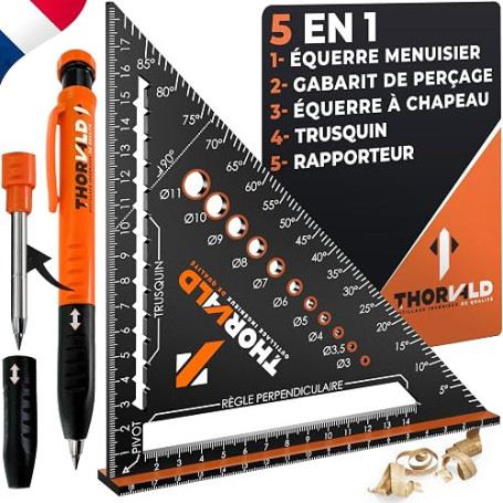 THORVALD 5 en 1 Equerre Menuisier 180 mm + Crayon Chantier - Multifonction: Trusquin/Raporteur/Gabarit de percage/Equerre a chap