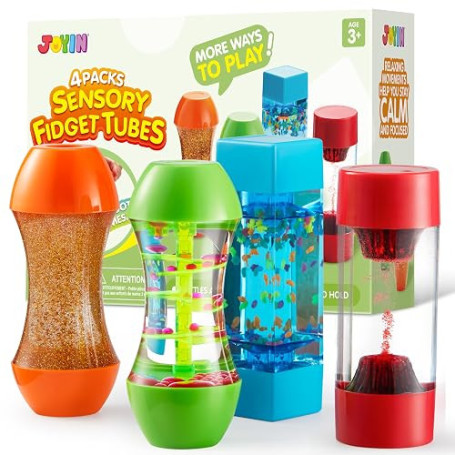 JOYIN Lot de 4 Tubes Sensoriels Liquides, Bouteille Sensorielle pour Enfants dès 3 Ans, Jouets Fidget Anti-Stress, Effets Visuel