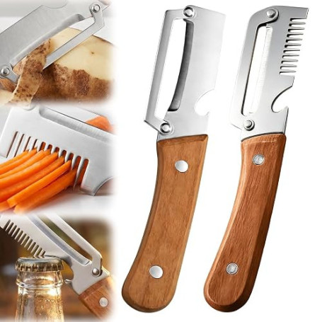 Éplucheurs Multifonctionnels pour la Cuisine, éplucheur Avec Manche en Bois, Acier Inoxydable, Résistant Éplucheur Multifonction