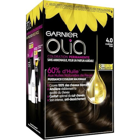 Garnier Olia Coloration Permanente Sans Ammoniaque Châtain Pur 4.0 | 60% huiles naturelles, Technologie ODS, Couleur longue tenu