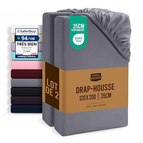 Utopia Bedding Lot de 2 Drap Housse - Gris, 120 x 200 cm | Bonnets 35 cm pour Matelas épais - Certifié Oeko-Tex - Polyester Micr