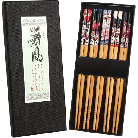 DERAYEE Baguettes Japonaises, Baguette Chinoise en Bambou - 5 Paires | Réutilisables, Durable, Avec Chats Chanceux, Pour Sushi C