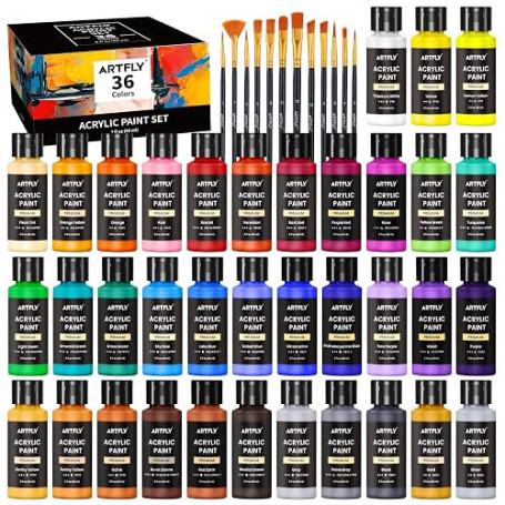 ARTFLY Peinture Acrylique Kit, 36 Couleurs × 60ml, avec 12 Pinceaux, Non Toxique, Riche Pigmentée, Peintures pour Débutant et Ar