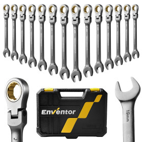 Enventor Jeu de Clés à Cliquet 14 Pièces, Tête Flexible 180°, 6–19 mm | 90 Dents, Angle de Travail 4°, Acier Cr-V avec Revêtemen