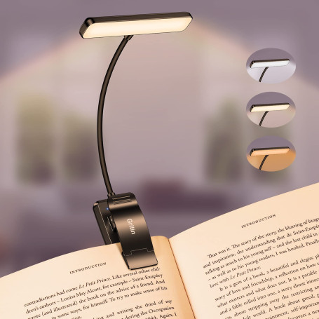 Gritin Lampe de Lecture 19LED Liseuse Clip Rechargeable Protection des Yeux | Gradation en Continu &3 Couleurs (Ambre/Blanc/Mixt