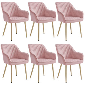 SONGMICS Ensemble de 6 Chaises de Salle à Manger, Velours, Rose Bonbon | Chaise Confortable avec Accoudoirs, Pieds en Métal Or P