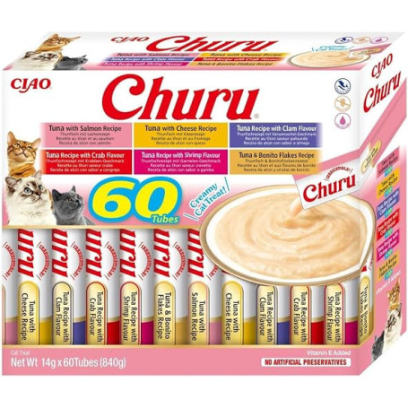 INABA Churu, Friandises pour Chats, Multipack Variétés de Thon, 60x14g | Délicieux Snacks à Lécher pour Félins, Texture Crémeuse