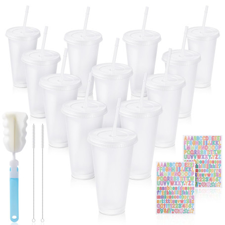 12Pièces Reutilisable Gobelet Plastique avec Couvercle et Paille 710ML 24OZ | avec Brosse à Tasse Autocollant Gobelet avec Paill