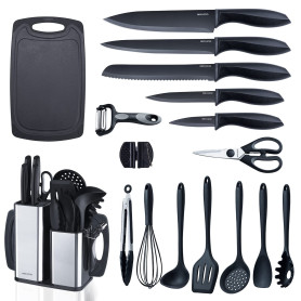 RAXCO Lot de 18 pi¨¨ces couteaux de cuisine avec bloc, ustensiles de cuisine avec set de 5 pi¨¨ces de couteaux et 7 pi¨¨ces de s