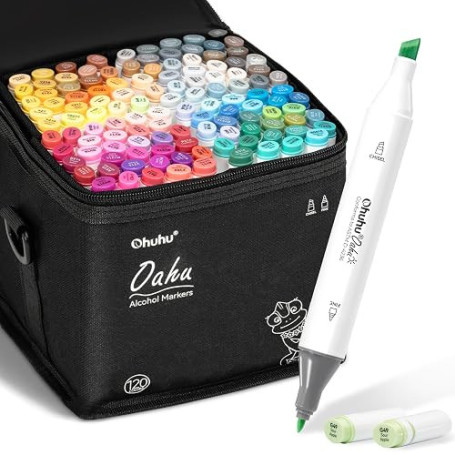 Ohuhu Marqueurs Alcool 120 Ciseau & Fine Set Art pour Dessin Croquis | Double Pointe Mélange Facile & Non Baveux Séchage Rapide