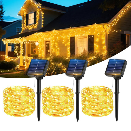 Lot 3 Guirlande Lumineuse Exterieure Solaire, Guirlande Solaire Exterieur | Totale 17m 150LED Étanche IP65 8 modes Fil de Cuivre
