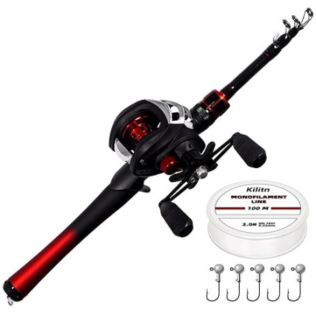 Kilitn Canne à pêche et Moulinet combiné, Baitcasting Combo Baitcast Reel 1.5M Canne télescopique en Fibre de Verre Durable avec