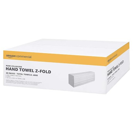 AmazonCommercial Essuie-Mains en Papier Plié Z, 2 Epaisseurs Cellulose Pure, 4000 Feuilles (20 paquets de 200), Taille des Feuil