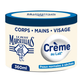 Le Petit Marseillais Crème Hydratante Multi-Usage Lait, pot de 360 ml | Crème corps, mains et visage pour les peaux normales à s