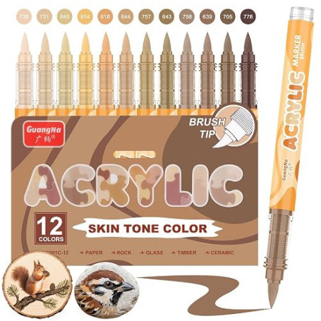 Funnasting Feutre Acrylique, Lot de 12 Couleur Peau Série Stylos Acrylique | Pointe Pinceau Feutres Acrylique Set pour la peintu