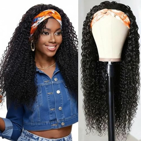 Urshiney Perruque Bandeau Cheveux Humain Brésiliens Bouclés 12 Pouces (30cm) Perruque Femme Naturelle Bouclée Kinky Curly Headba