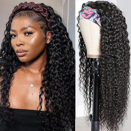LOVFIR Perruque avec Bandeau Cheveux Humain Bouclés Kinky Curly Headband Human Hair Femme Naturelle Brésilien Couleur Noire 20 P