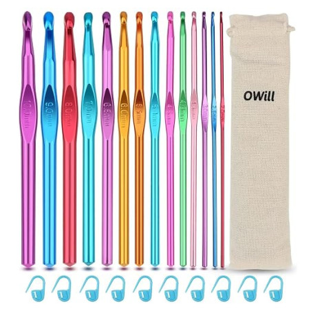 OWill Lot de 24 Aiguilles à Crochet Set,14 tailles de Crochets Ergonomiques en Aluminium,avec 10 Marqueurs de Point,Multicolore
