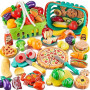 85 Pcs Aliments à Découper Jouet Enfant - Dînette Cuisine avec 2 Paniers, Pizza, Fruits et Légumes à Couper - Accessoires de Jeu