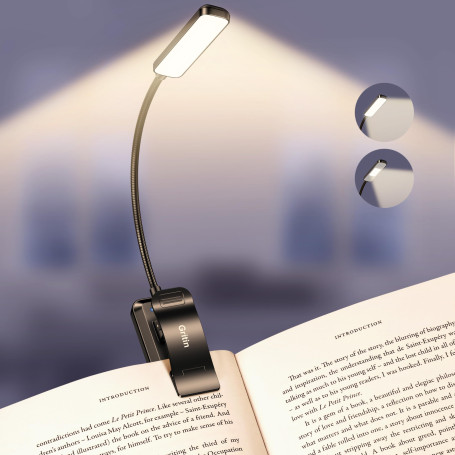 Gritin 2026 Gén.2 Lampe de Lecture, 30 LED Spectre Complet Liseuse Clip | Protection des Yeux,5Couleurs&5Luminosités, Faisceau L