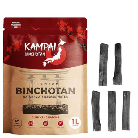 KAMPAI Charbon Actif Eau | Filtre jusqu'à 4.5L / Bâton | Binchotan Naturel | Purificateur Vegetal Bio Carafe filtrante - 6 Mois