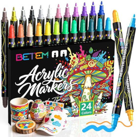 Betem 24 Couleurs Feutre Acrylique à Double Pointe, Stylo Marqueur Peinture Acrylique pour Bois, Toile, Pierre, Tissu, Peinture