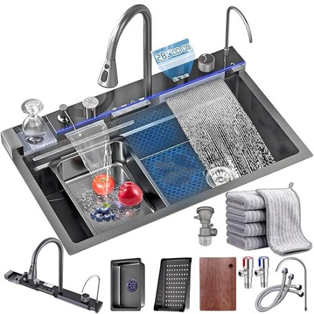 Noir Évier de cuisine 1 baignoire multifonctionnelle, évier de cuisine moderne en acier inoxydable, avec composant de drainage,