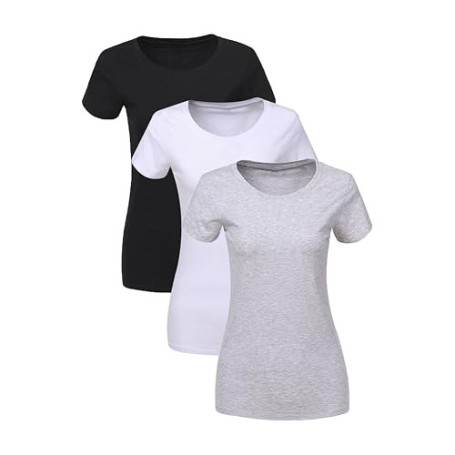 LiKing T-Shirt pour Femmes à Encolure Ronde Coton Manche Courte Chemisier Tee Shirt De Sport Blouse Tops Set Lot de 1/3
