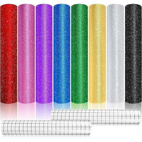 Lot de 8 feuilles de vinyle adhésives à paillettes avec 2 feuilles de transfert, 30,5 x 30,5 cm en vinyle permanent pour la plup