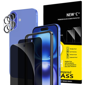 NEW'C Verre Trempé pour iPhone 16 Anti-Espion, Protection Écran + Caméra | Outil inclus, Lot de 4, 2x vitres trempées + 2x prote