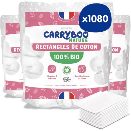 CARRYBOO - 1080 Coton Pads Bébé 100% Bio - Ultra Doux pour Peaux Sensibles | Coton Bio Hypoallergénique - Change & Toilette - Fo