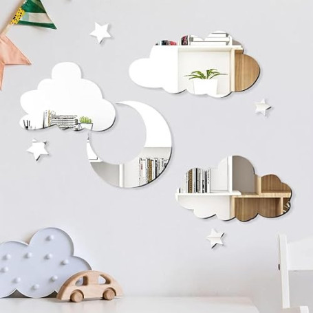 NOPVUFA 8 Pièces Stickers Muraux Miroir Nuages ​​Lune Étoiles Muraux Adhésifs en Acrylique Argent Miroir a Coller sur Porte Plac