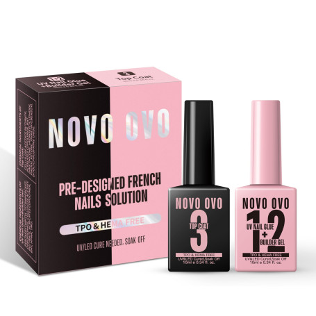 NOVO OVO Colle à ongles UV et gel de construction 2 en 1, kit sans essuyage, top coat pour pointes françaises prédécoupées, HEMA