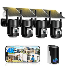 Calike 4K Camera Surveillance WiFi Exterieure sans Fil,Kit de 4 Caméras Extérieur Solaires avec Home Station,sans Abonnement,Vis