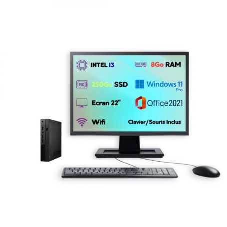 PC Ultra Mini – Intel Core i3 | Windows 11 Pro | SSD 250Go | RAM 8Go | Wi-FI | Écran 22’’ + Clavier & Souris | Ordinateur de Bur