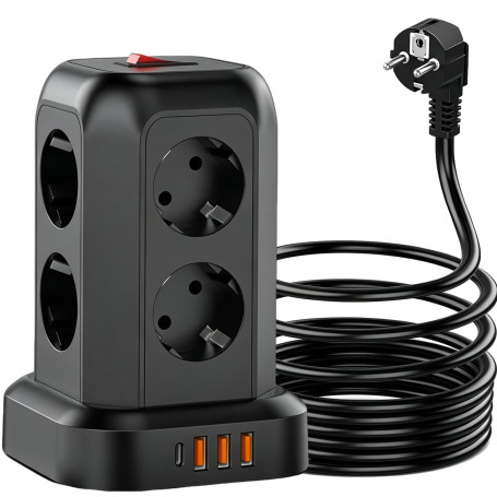 Vopersnake Multiprise Tour avec Interrupteur, 8 Prises et 4 USB, Parafoudre & Protection Contre Surtension, Rallonge Electrique 