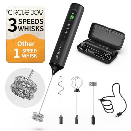CIRCLE JOY Mousseur à lait Portable Rechargeable avec 3 Vitesses Variables | 3 Fouets et Boîte de Rangement, Mélangeur Électriqu